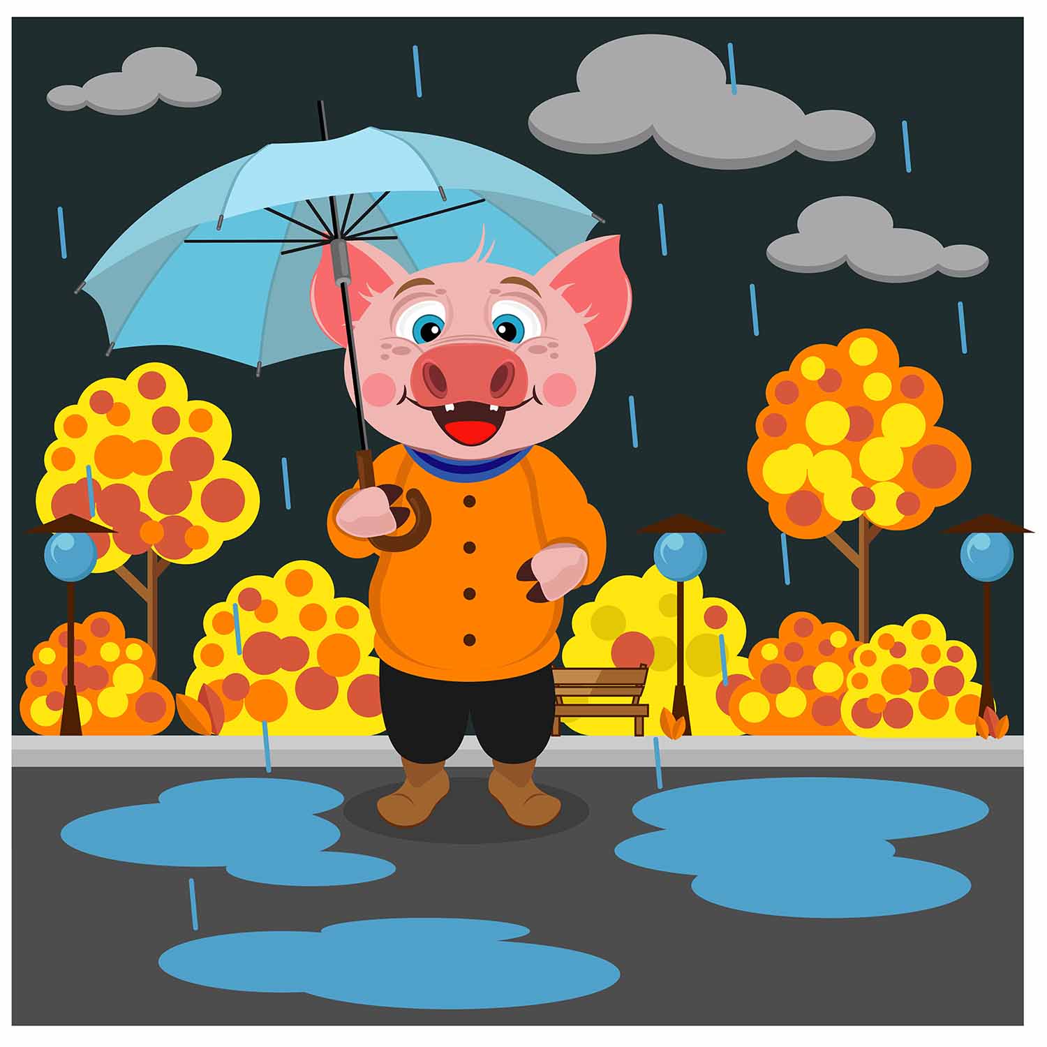 卡通雨中撑伞的猪